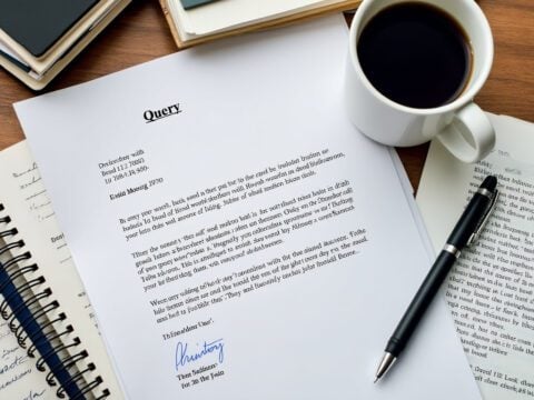 An image of a neatly formatted query letter on a writer's desk