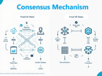 Illustration of various blockchain consensus mechanisms, showcasing Proof of Work and Proof of Stake as interconnected networks