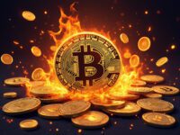 Illustration of cryptocurrency coins burning or disappearing into flames, symbolizing crypto burn,