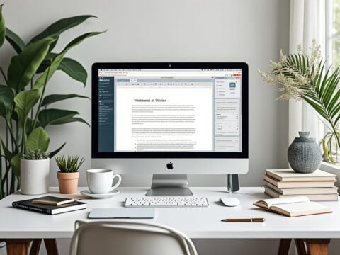 Illustrate a writer's desk with a computer screen displaying writing software