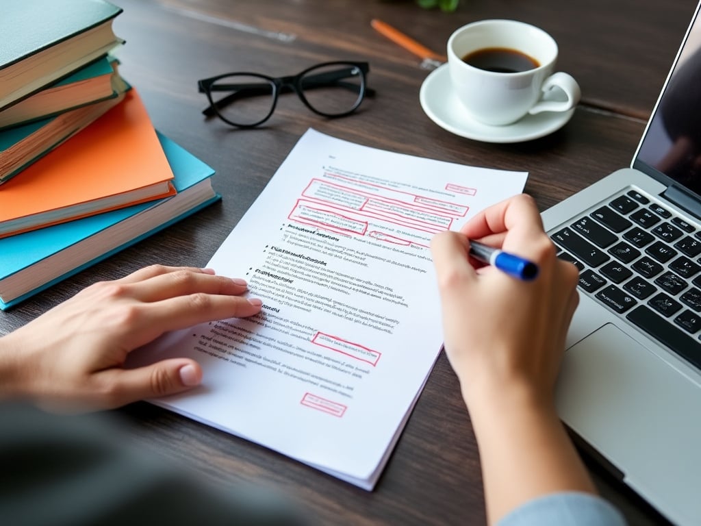 "A person sitting at a desk proofreading a document, surrounded by books and proofreading tools, highlighting the importance of accurate proofreading."