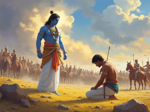 Krishna guides Arjun on the battlefield of Kurukshetra.