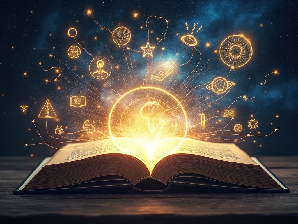 Glowing book with symbols of knowledge and transformation.