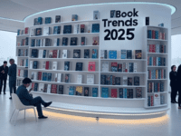 Futuristic bookshelf with digital and physical books, 2025 Book Trends.