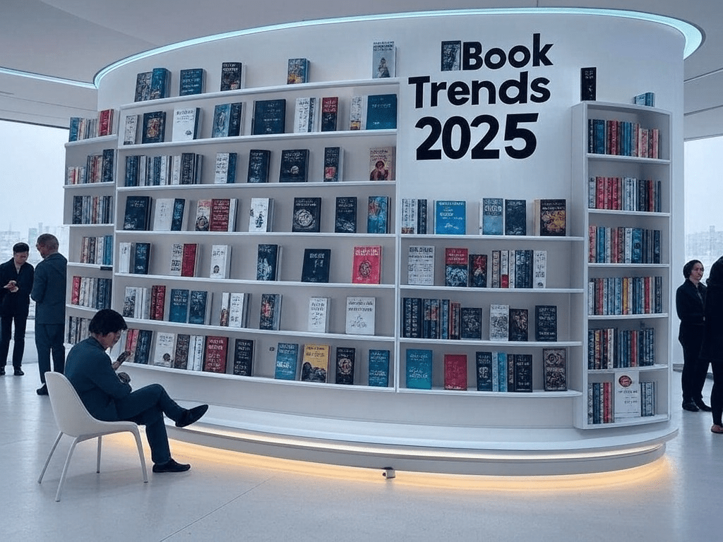 Futuristic bookshelf with digital and physical books, 2025 Book Trends.