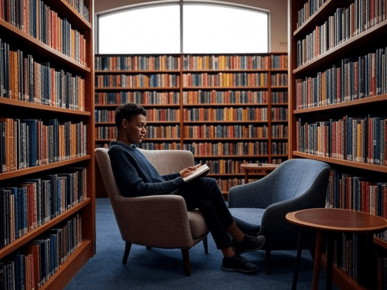 Person browsing books in a cozy library.