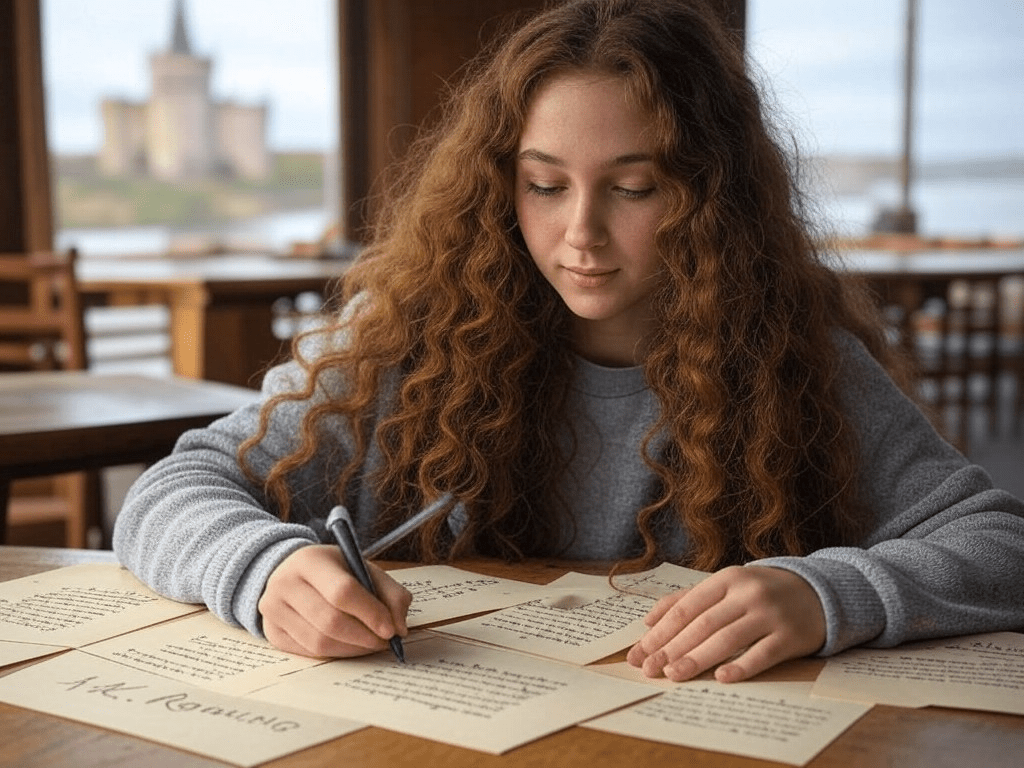 Young Rowling writing in café, dream castle behind.