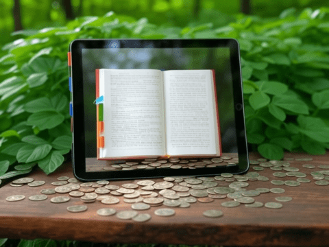 Tablet with eBook, coins, and green leaves. Rent ebooks.