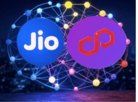 Jio and Polygon logos with blockchain nodes.