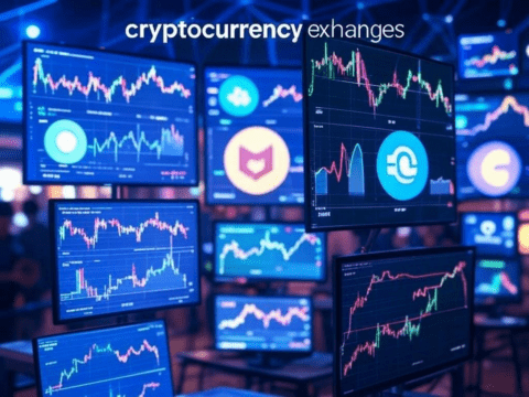 Cryptocurrency logos and trading graphs in a digital marketplace.