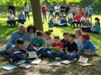 Families and friends reading together outdoors.