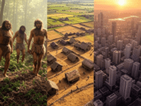 Human evolution from foraging to modern cities.