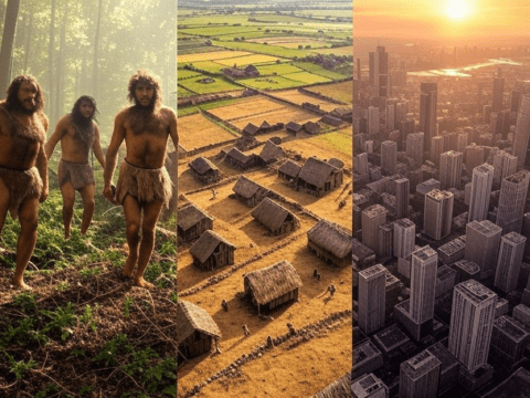 Human evolution from foraging to modern cities.