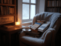 Cozy reading corner with poetry books and candlelight.