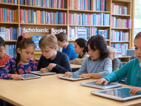 Kids reading Scholastic books online on tablets.