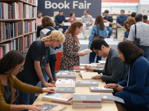 Crowded book fair with authors and readers interacting.