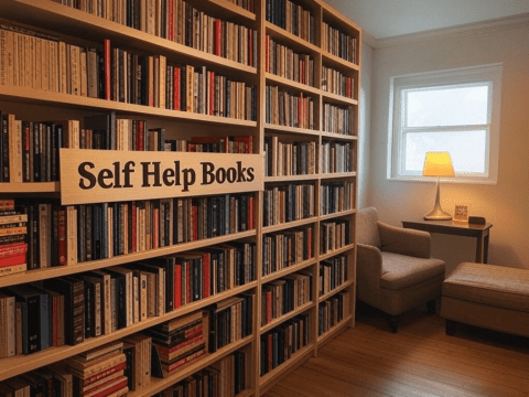 Bookshelf with Self Help Books and a cozy reading space.