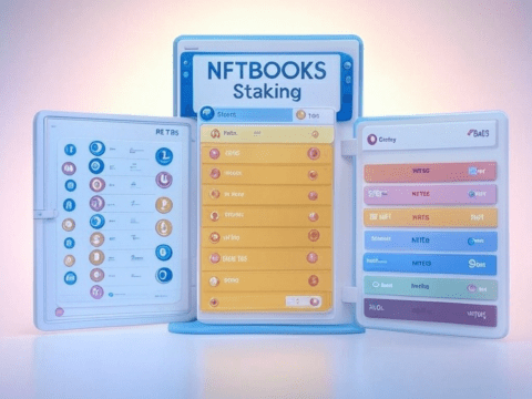 NFTBOOKS staking process with wallet, tokens, and rewards chart.