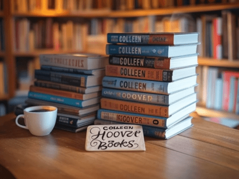 Stack of Colleen Hoover books with coffee on a table.