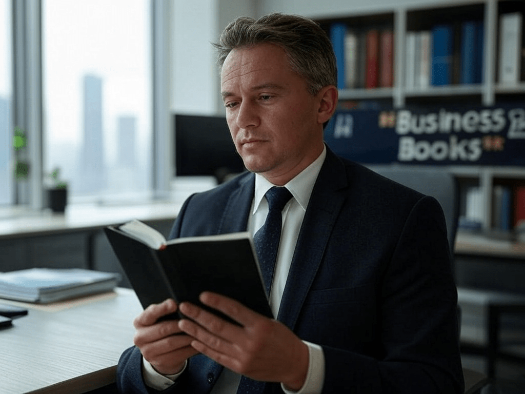 Business professional reading a book in an office.